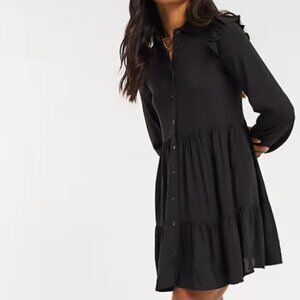 NWT - Black Shirt Dress with Shoulder Frill Detail, L
